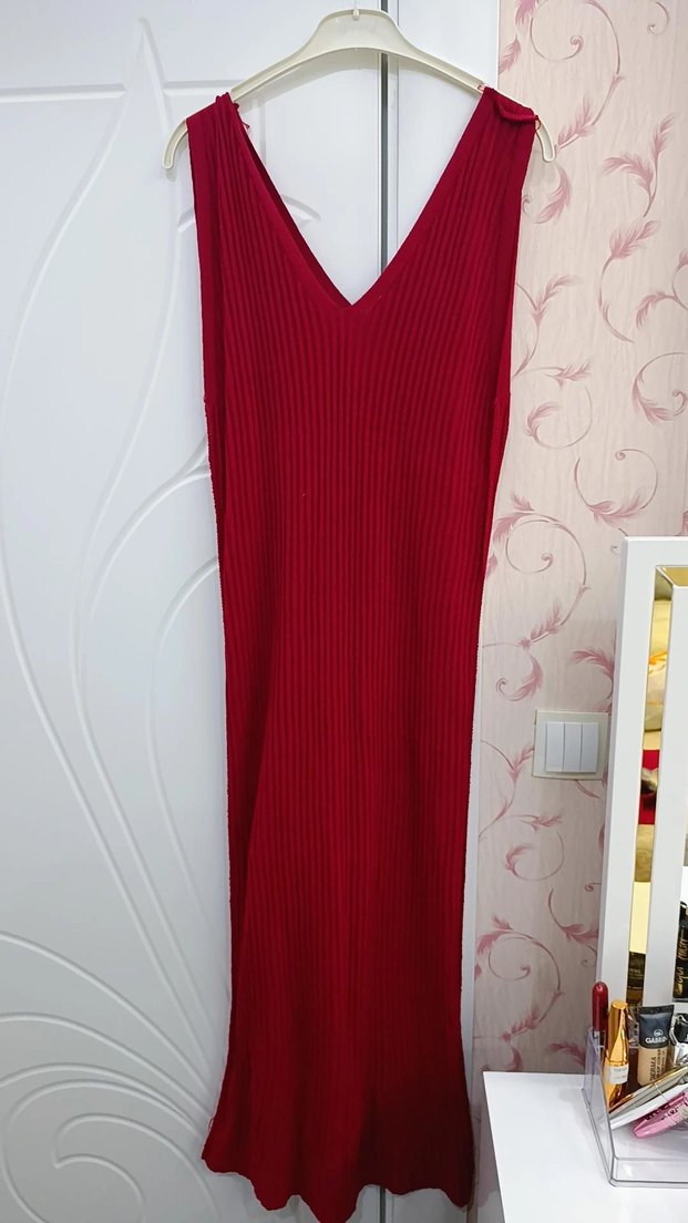 Bordo Nakışlı Uzun Triko Elbise - Görsel 3