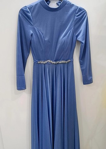 Mavi Uzun Kollu Drapeli Abiye Elbise - Görsel 2