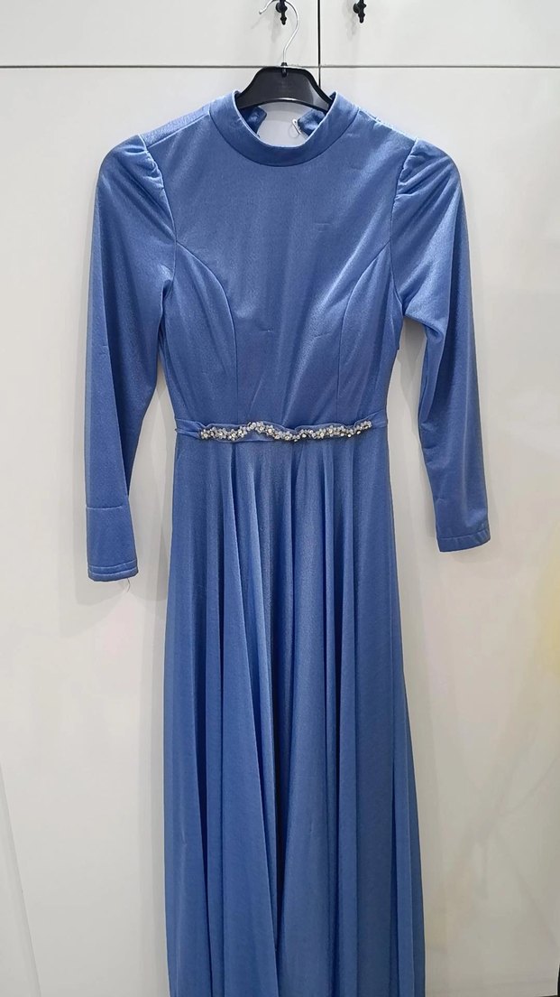 Mavi Uzun Kollu Drapeli Abiye Elbise - Görsel 2