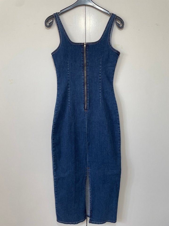 Kolsuz Lacivert Denim Midi Elbise - Görsel 2