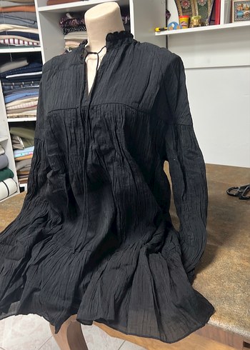 Kadın Siyah Bohem Pilili Keten Tunik - Görsel 9