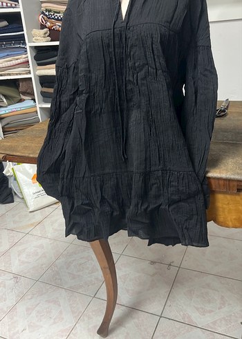 Kadın Siyah Bohem Pilili Keten Tunik - Görsel 3