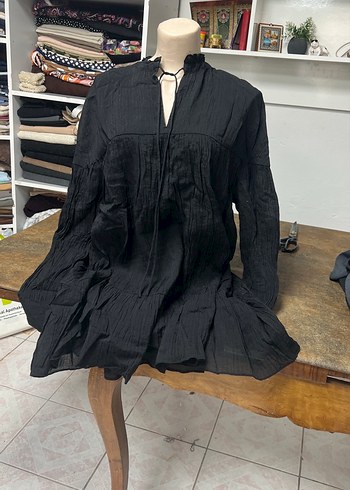 Kadın Siyah Bohem Pilili Keten Tunik - Görsel 8