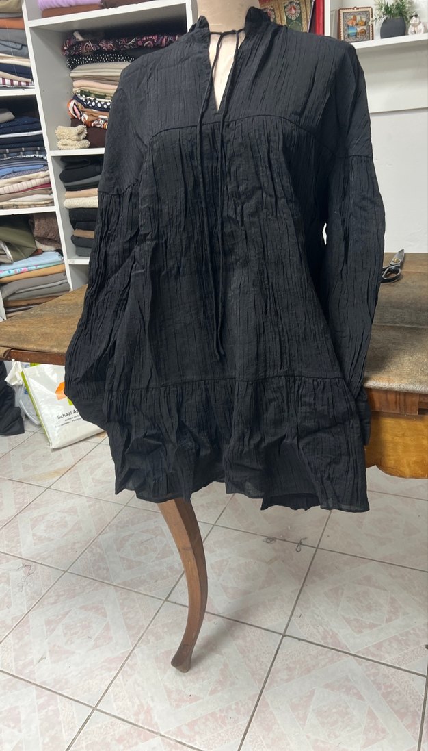 Kadın Siyah Bohem Pilili Keten Tunik - Görsel 3