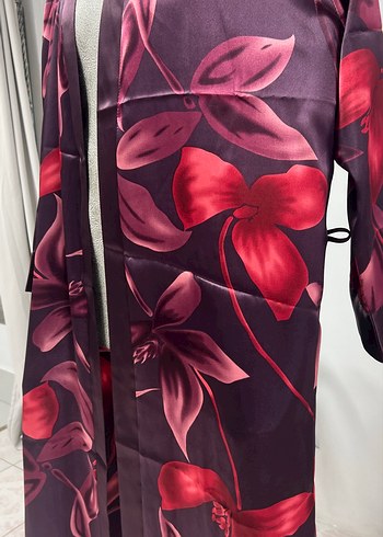 Bordo Çiçek Desenli Uzun Kadın Kimono sabahlık - Görsel 7
