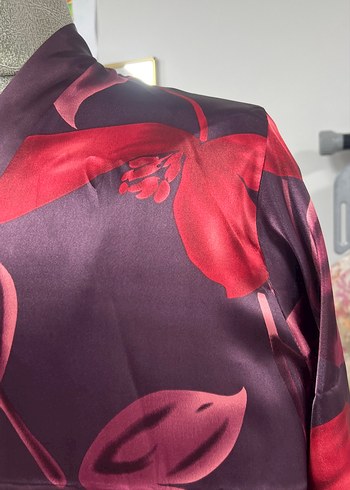 Bordo Çiçek Desenli Uzun Kadın Kimono sabahlık - Görsel 8
