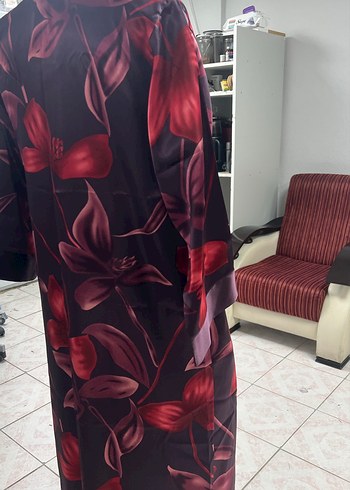 Bordo Çiçek Desenli Uzun Kadın Kimono sabahlık - Görsel 3