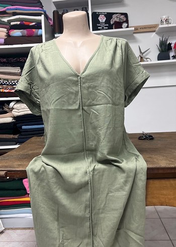 Kadın V Yaka Keten Midi Elbise - Görsel 5