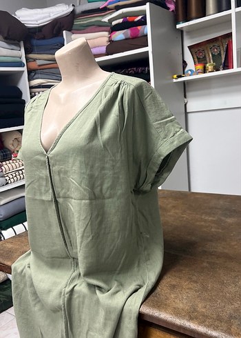 Kadın V Yaka Keten Midi Elbise - Görsel 6