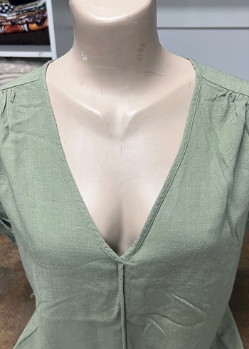 Kadın V Yaka Keten Midi Elbise - Görsel 2