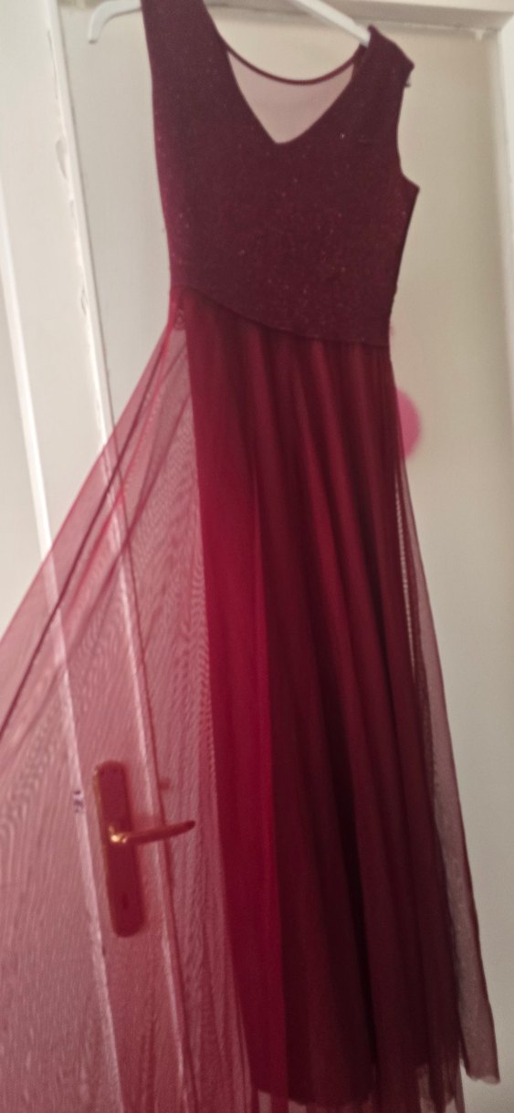 Bordo Straplez Dantel İşlemeli Uzun Abiye Elbise - Görsel 2