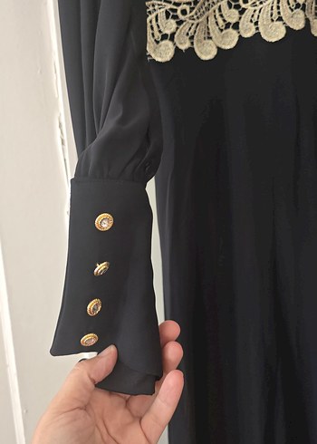 Dantel Detaylı Siyah Uzun Kollu Gotik Elbise türban - Görsel 2