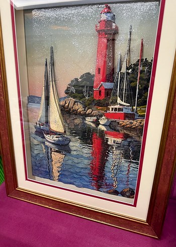 Kırmızı Deniz Feneri ve Yelkenli Rölyef Tablo - Görsel 2