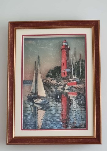 Kırmızı Deniz Feneri ve Yelkenli Rölyef Tablo - Görsel 3