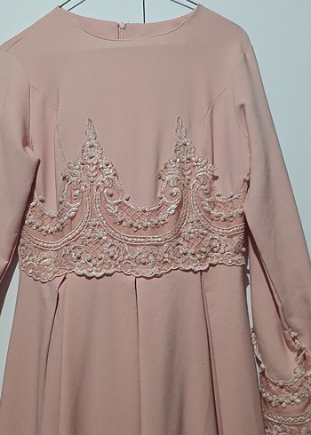 Abiye Dantel İşlemeli Uzun kollu incili Pembe Elbise