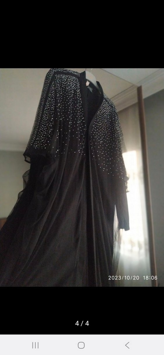 Siyah uzun içi penye elbiseli taşlı abiye - Görsel 4