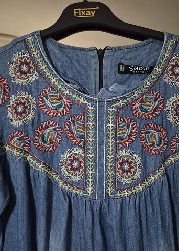 Nakışlı Bohem Uzun Denim Elbise - Görsel 4