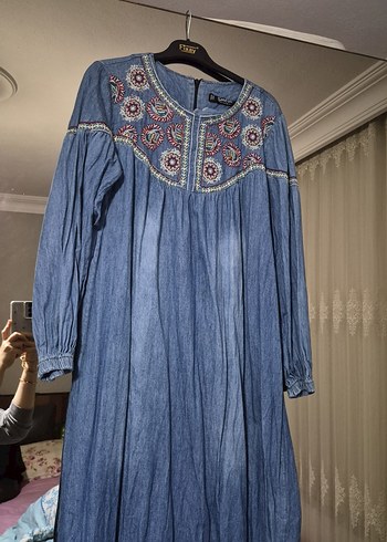 Nakışlı Bohem Uzun Denim Elbise - Görsel 2