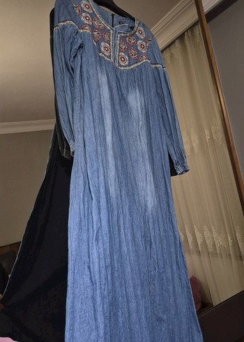 Nakışlı Bohem Uzun Denim Elbise - Görsel 6