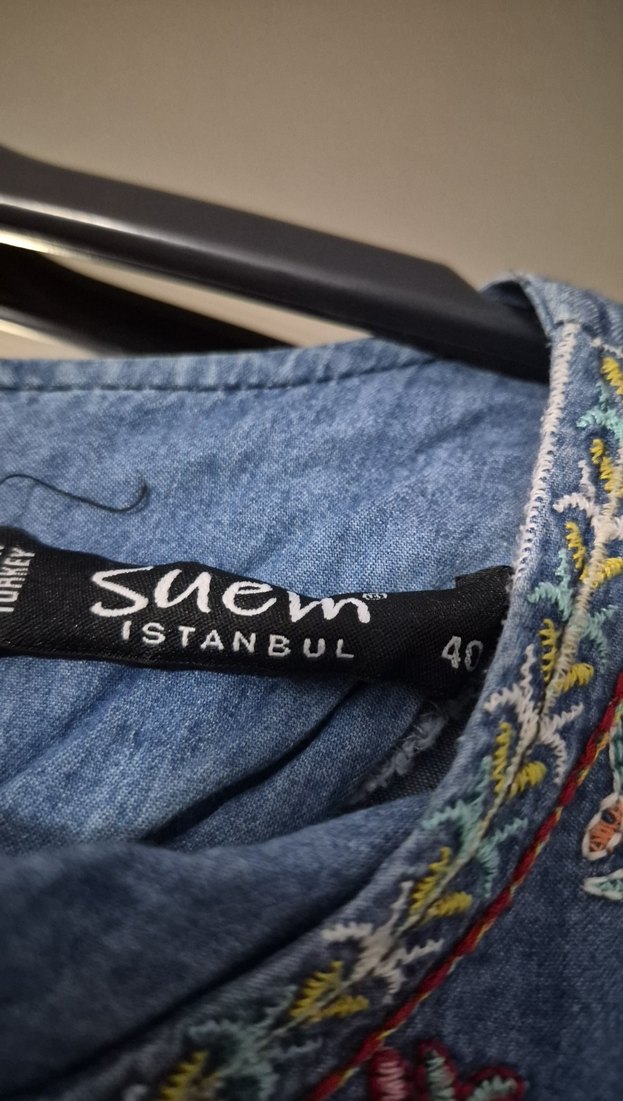 Nakışlı Bohem Uzun Denim Elbise - Görsel 5