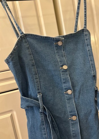 38 Beden Düğmeli Lacivert Denim Midi kot Elbise
