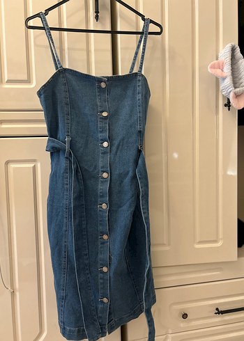 Düğmeli Lacivert Denim Midi kot Elbise