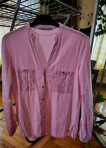 Pembe V Yaka Düğmeli Keten Gömlek zara - Görsel 3