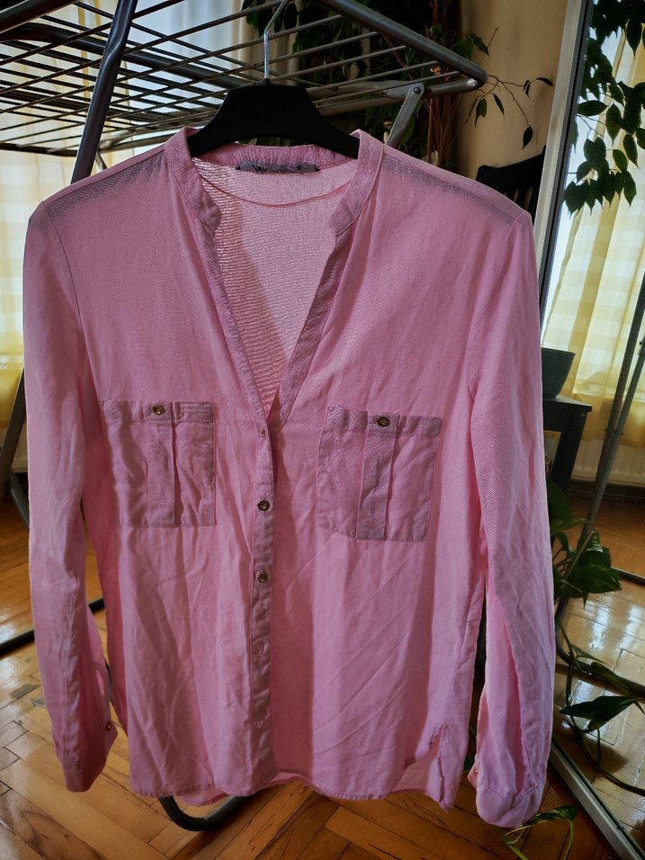 Pembe V Yaka Düğmeli Keten Gömlek zara - Görsel 3