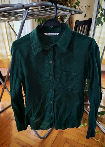 Zara linen %100 Düğmeli Koyu Yeşil Keten Kadın Gömlek - Görsel 4