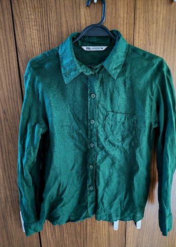 Zara linen %100 Düğmeli Koyu Yeşil Keten Kadın Gömlek - Görsel 2