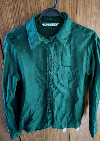 Zara linen %100 Düğmeli Koyu Yeşil Keten Kadın Gömlek - Görsel 5