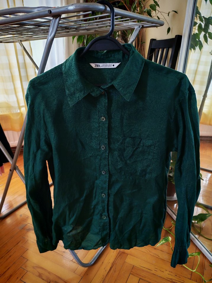 Zara linen %100 Düğmeli Koyu Yeşil Keten Kadın Gömlek - Görsel 4