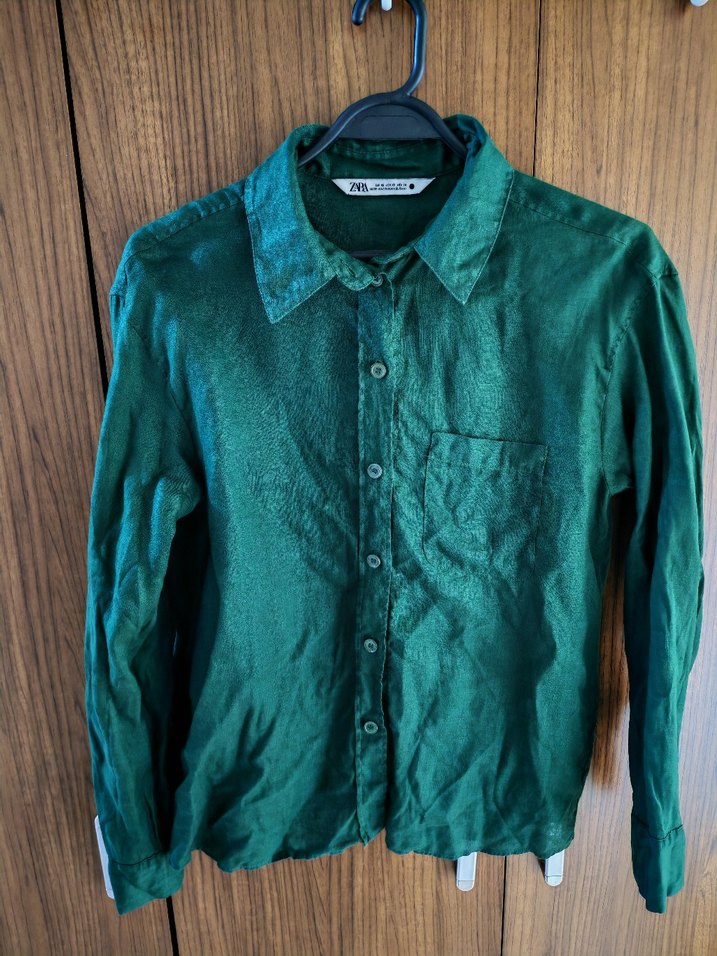 Zara linen %100 Düğmeli Koyu Yeşil Keten Kadın Gömlek - Görsel 2