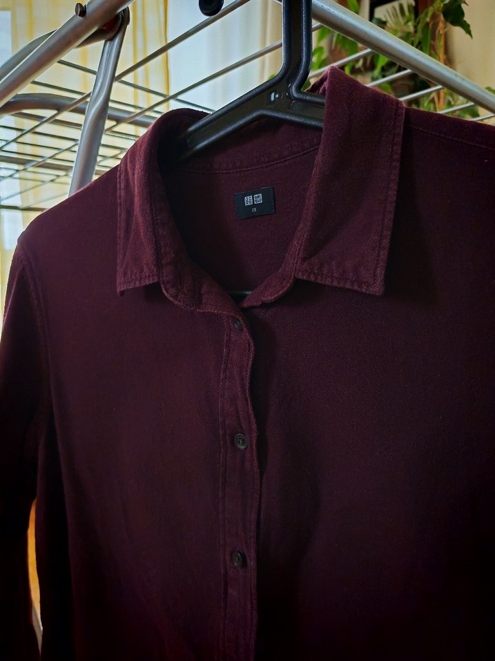 Uniqlo Erik rengi Düğmeli Uzun Kollu Keten Gömlek - Görsel 2