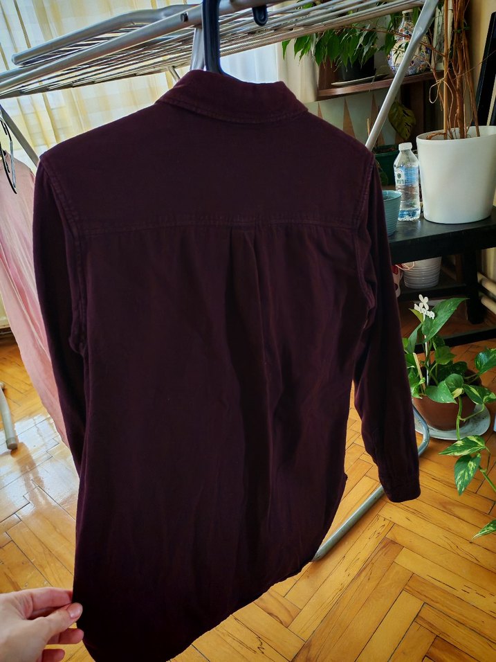 Uniqlo Erik rengi Düğmeli Uzun Kollu Keten Gömlek - Görsel 3