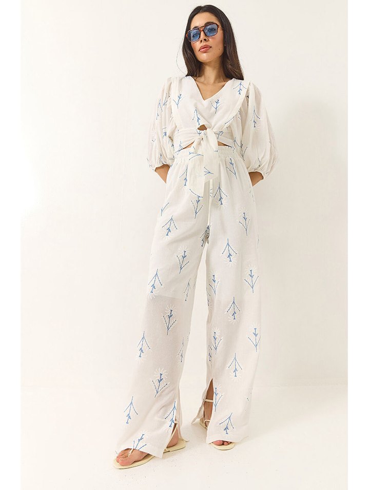 Beyaz Pamuklu Bohem Kadın Tulum - Görsel 2