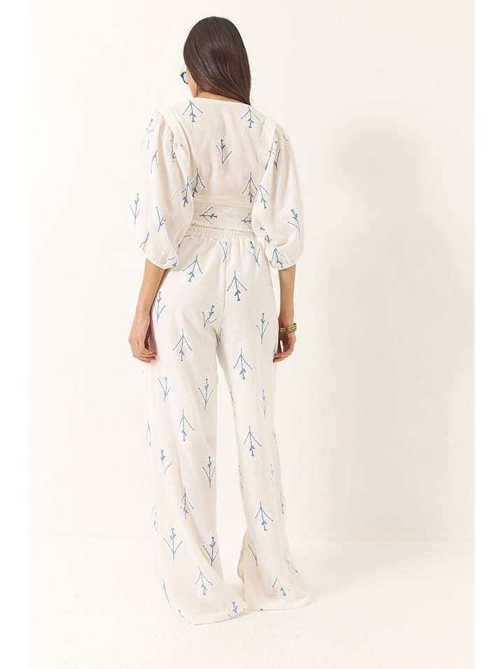 Beyaz Pamuklu Bohem Kadın Tulum - Görsel 5