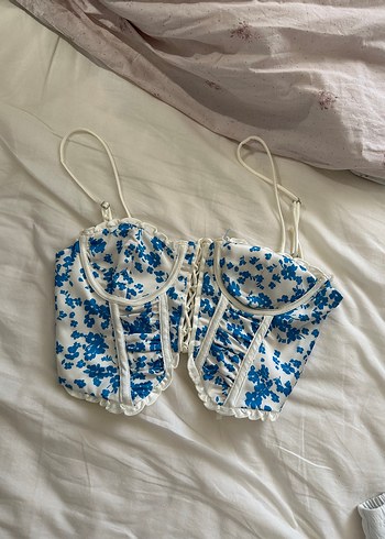 Bershka Mavi Çiçek Desenli Crop Top - Görsel 2