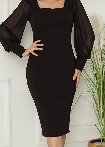 Siyah Uzun şifon Kollu Elbise - Görsel 2