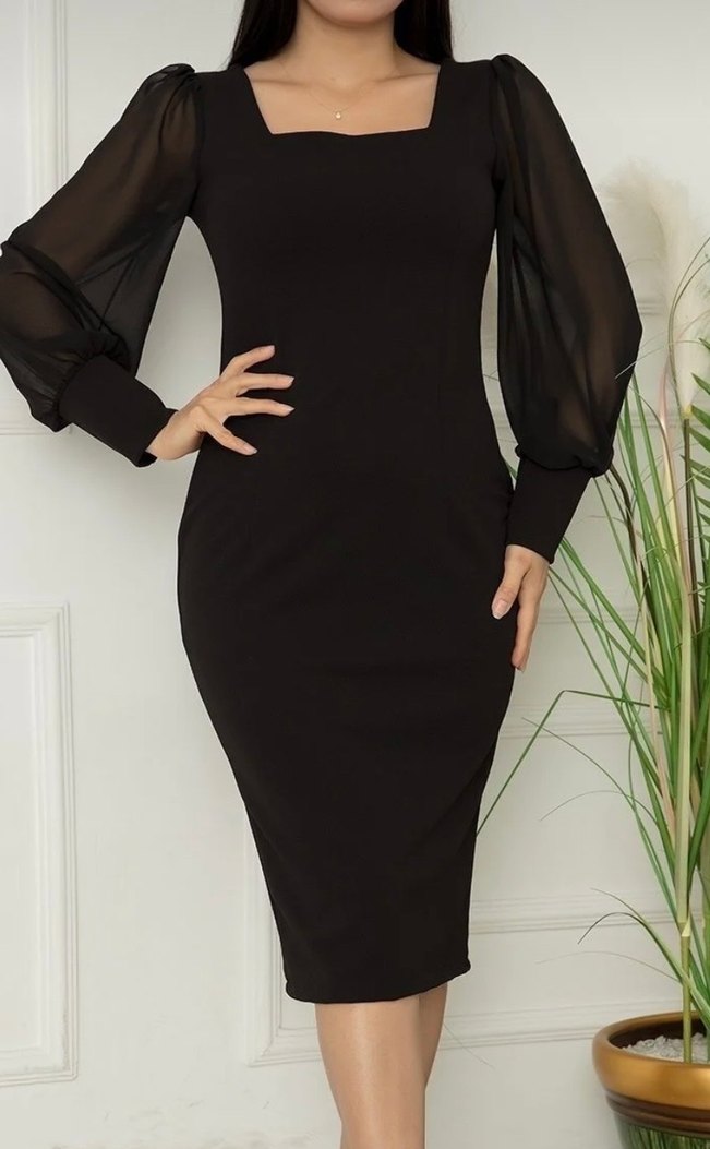 Siyah Uzun şifon Kollu   Elbise - Görsel 2