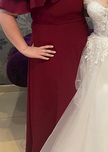 Bordo Drapeli Uzun Abiye Elbise - Görsel 3