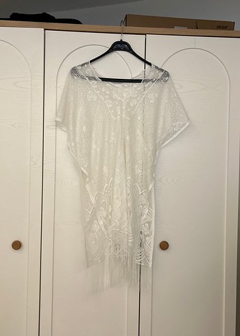 Dantel Detaylı Beyaz Bohem Midi Tunik pareo beyaz pareo - Görsel 3