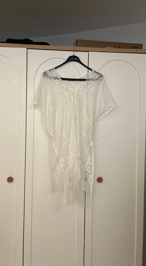 Dantel Detaylı Beyaz Bohem Midi Tunik pareo beyaz pareo - Görsel 3