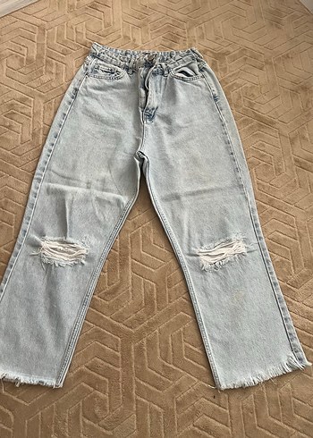 Gri Rahat Kesim Kadın Denim Pantolon jean bol paça pantolon kot - Görsel 3