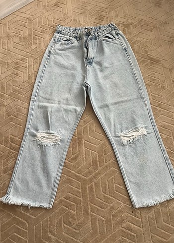 Gri Rahat Kesim Kadın Denim Pantolon jean bol paça pantolon kot - Görsel 5