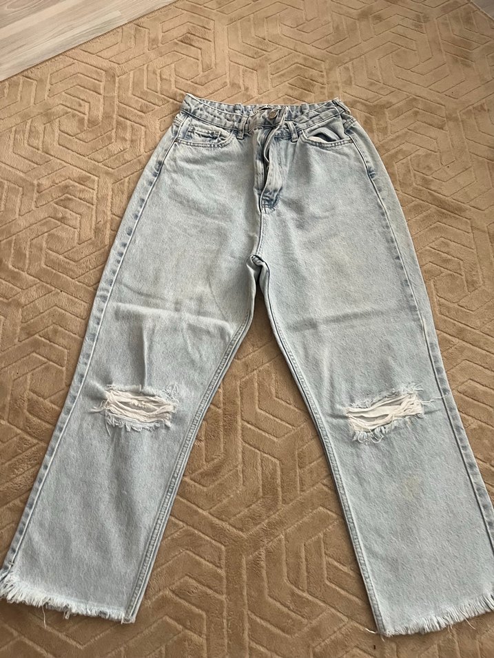 Gri Rahat Kesim Kadın Denim Pantolon jean bol paça pantolon kot - Görsel 2