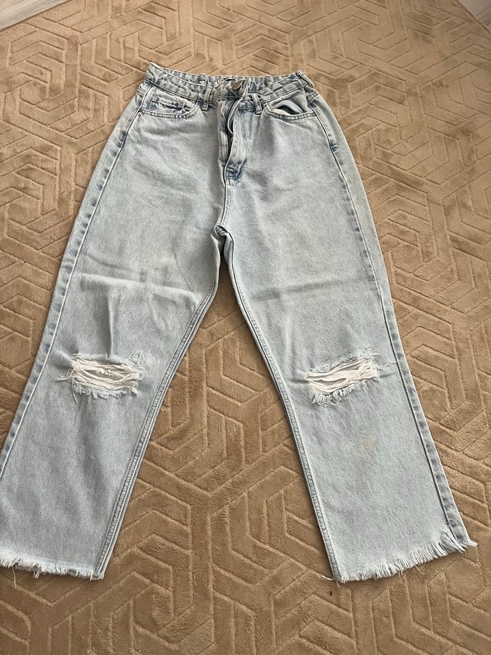Gri Rahat Kesim Kadın Denim Pantolon jean bol paça pantolon kot - Görsel 3