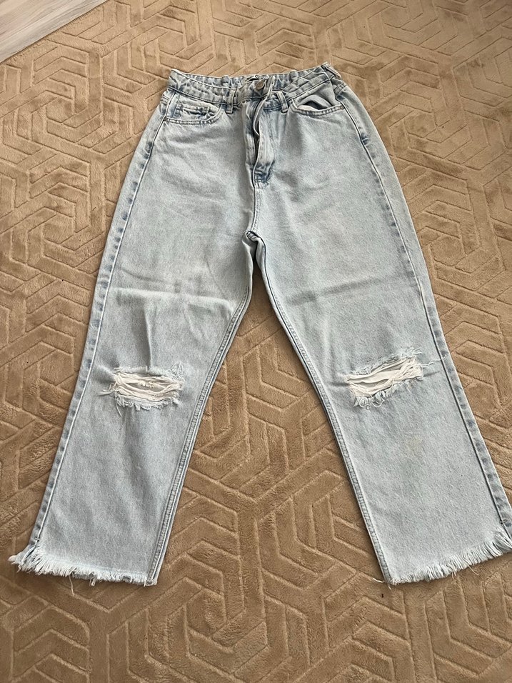 Gri Rahat Kesim Kadın Denim Pantolon jean bol paça pantolon kot - Görsel 5