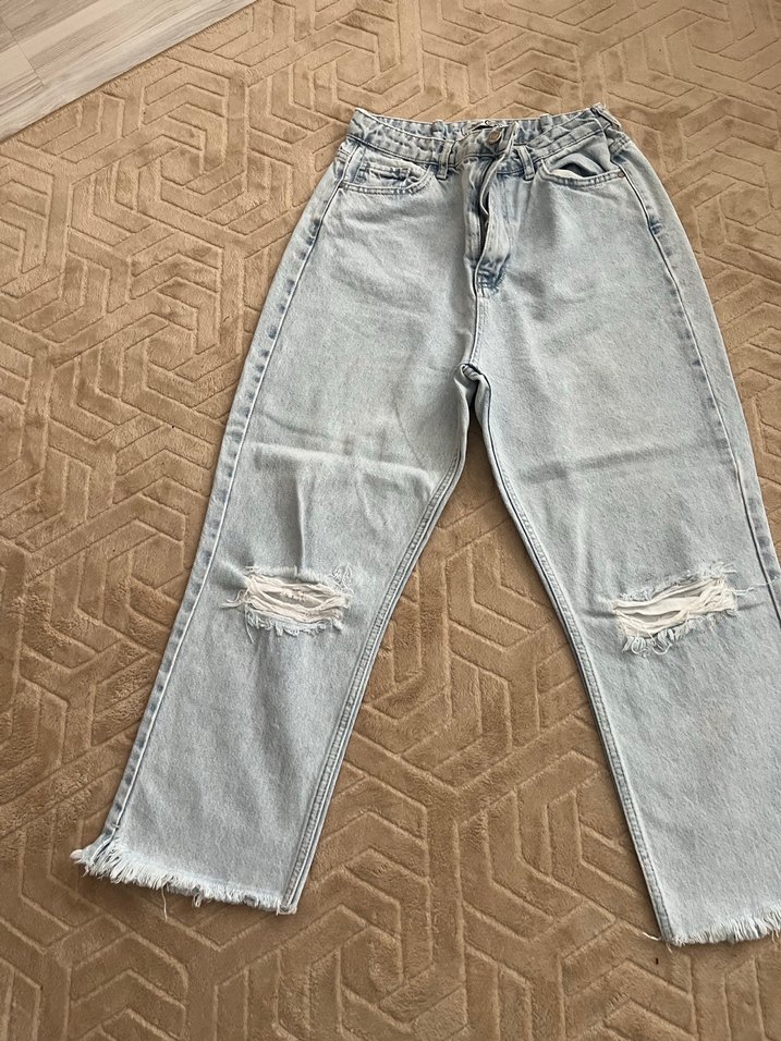 Gri Rahat Kesim Kadın Denim Pantolon jean bol paça pantolon kot - Görsel 4