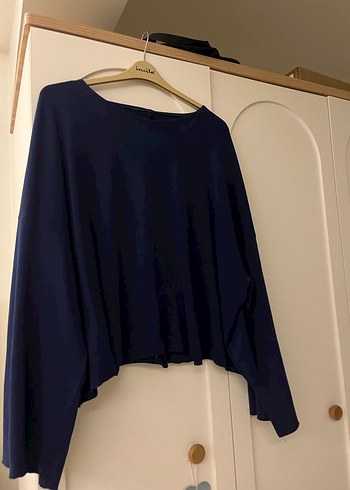 Lacivert Kadın Yün Salaş Kazak omzu düşük kazak tek omuz kazak - Görsel 5